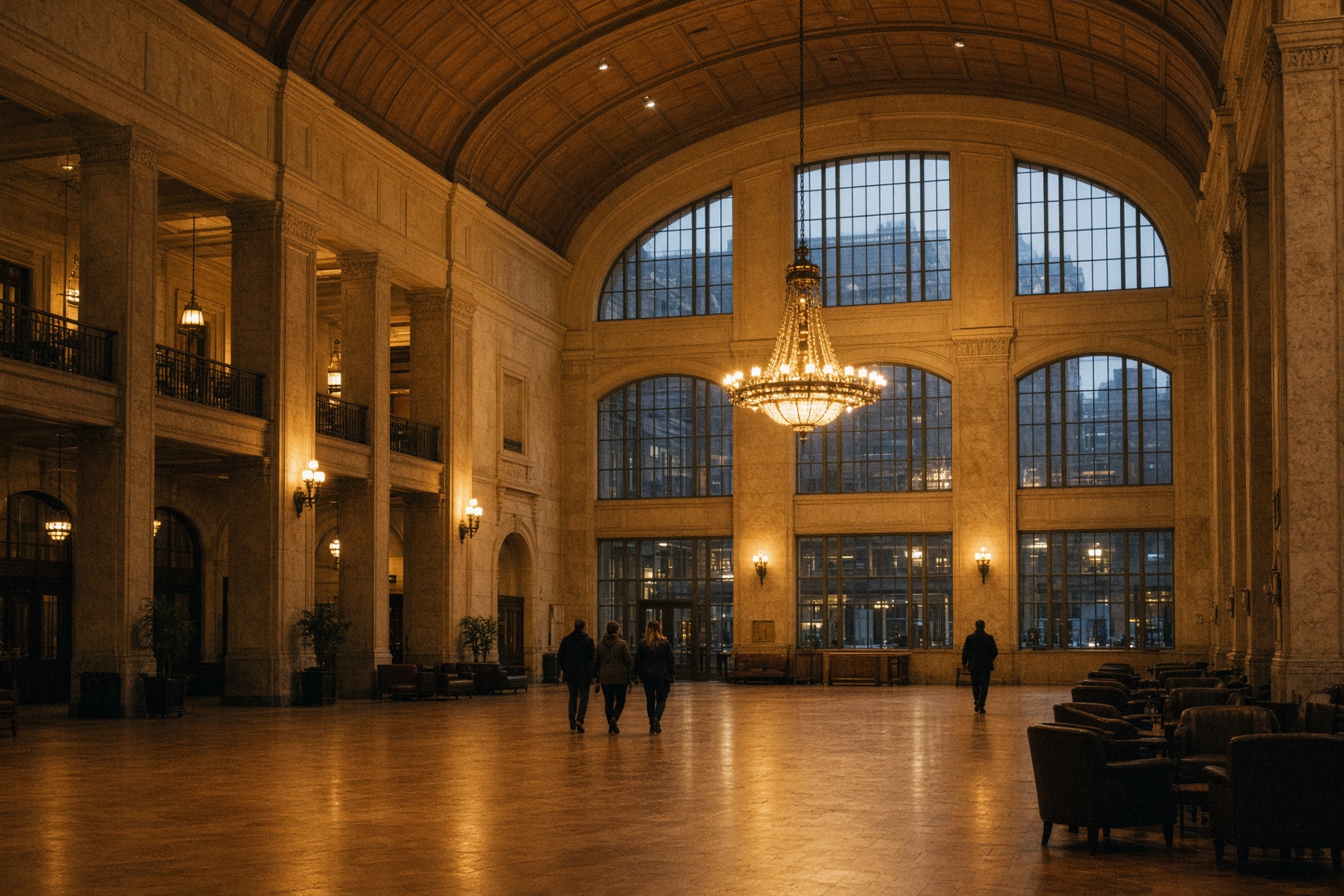 The grand hall of Denver Union Station at evening
