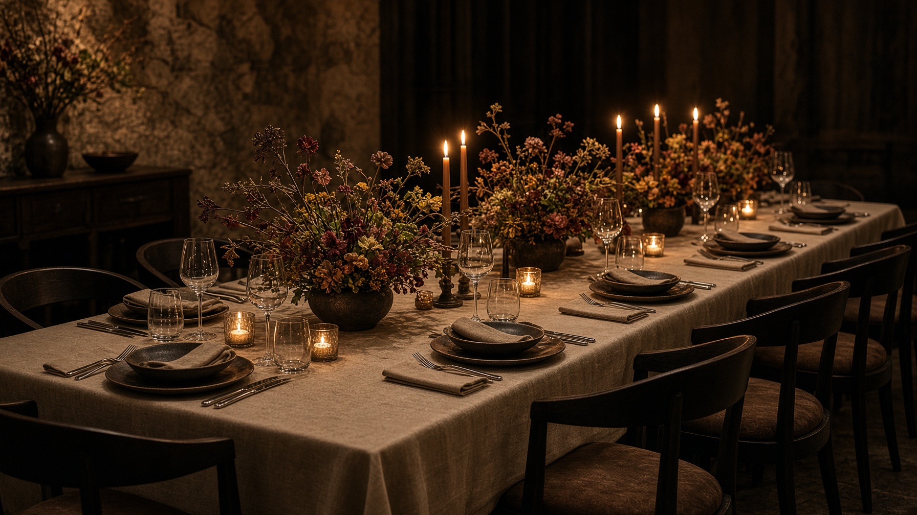 A long candlelit supper table set for a private dinner